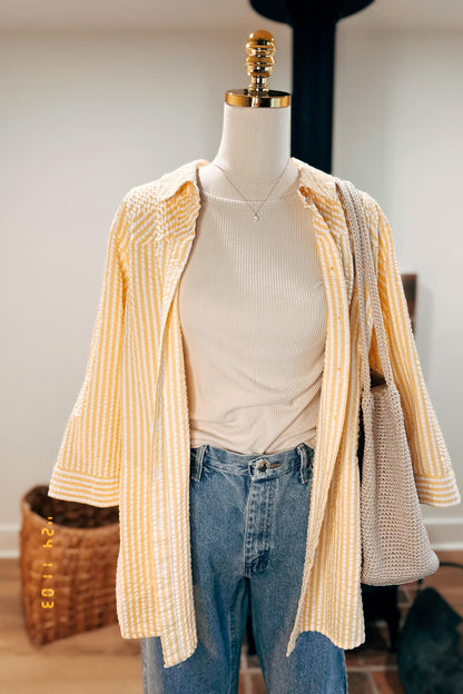 Yellow striped button up 3/4 length sleeves