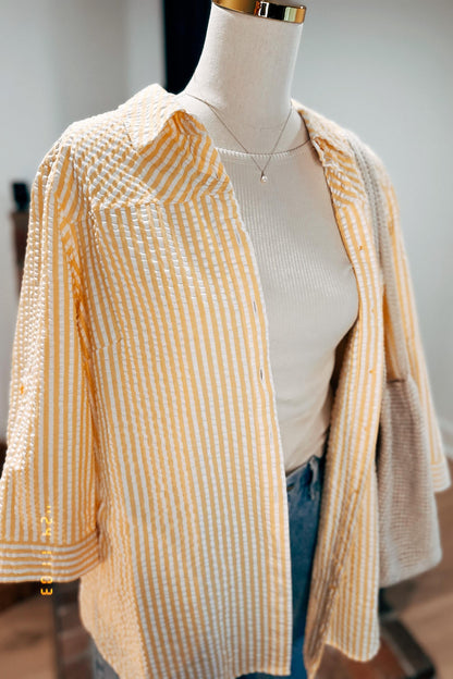 Yellow striped button up 3/4 length sleeves