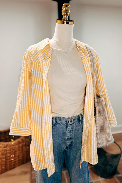 Yellow striped button up 3/4 length sleeves